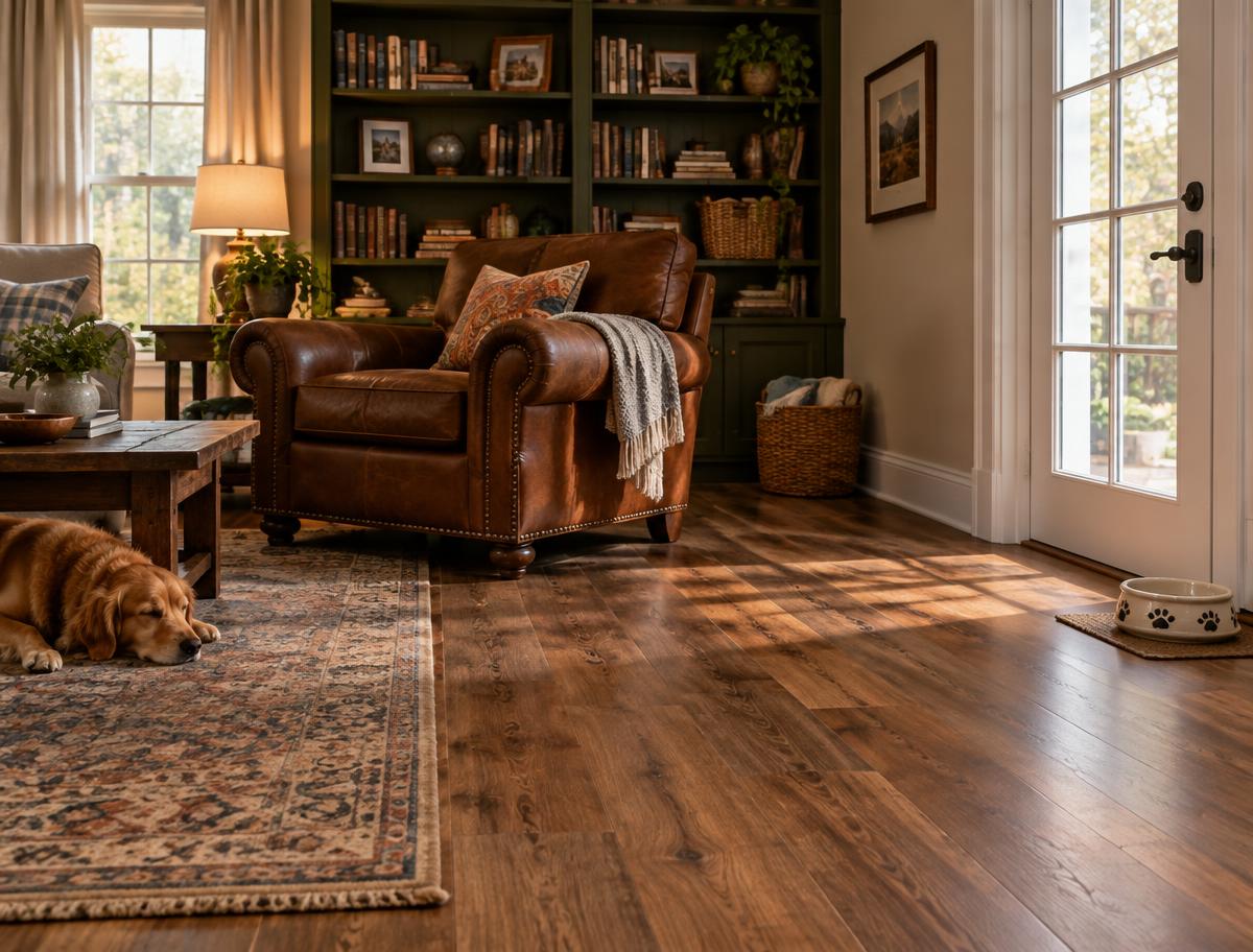 Cozy family room with classic medium-brown wood-look floor
