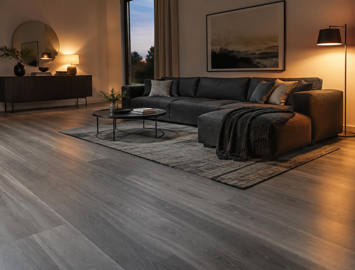 Contemporary living room with cool grey wood-look floor at dusk