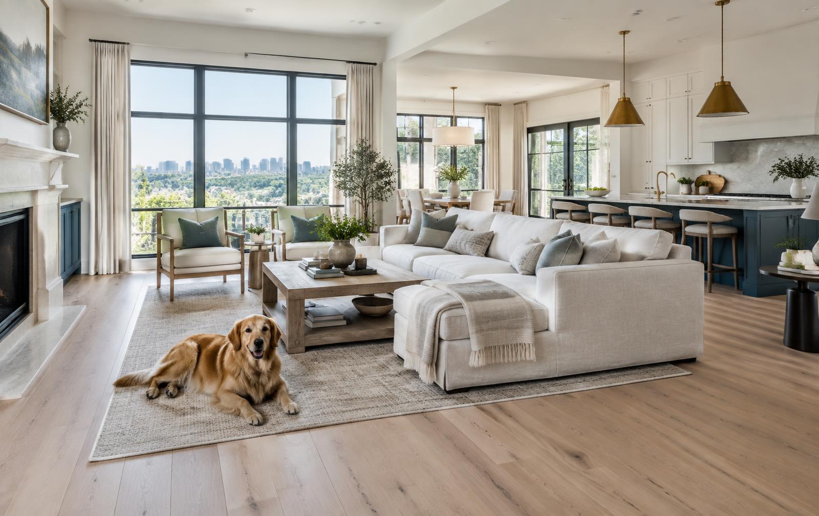 Living room with warm light oak-look plank floor and a golden retriever