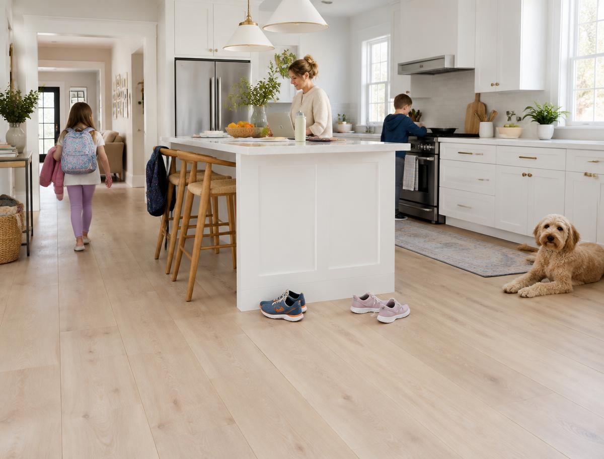 Bright kitchen with pale blonde wood-look floor and a family dog