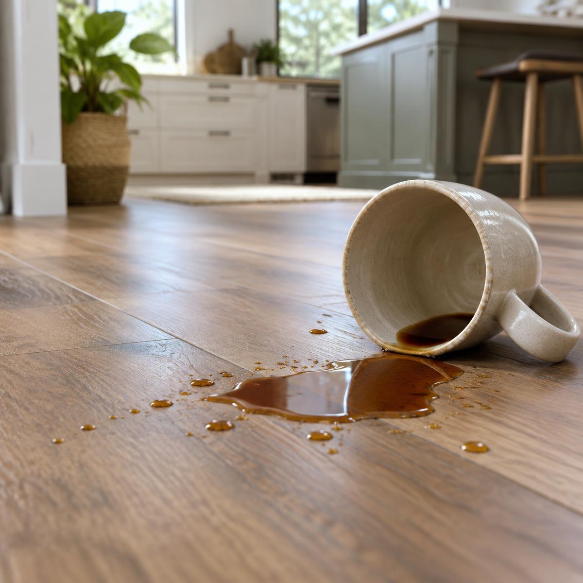 Coffee spilled on a wood-look vinyl floor, beading on the surface