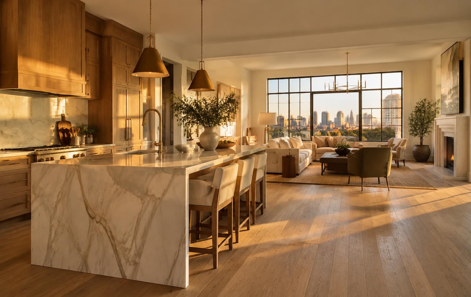 Open kitchen and living room with warm wide-plank natural oak hardwood floors in golden light