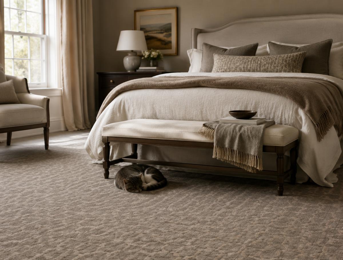 Elegant bedroom with soft taupe patterned carpet and a cat curled up by the bench