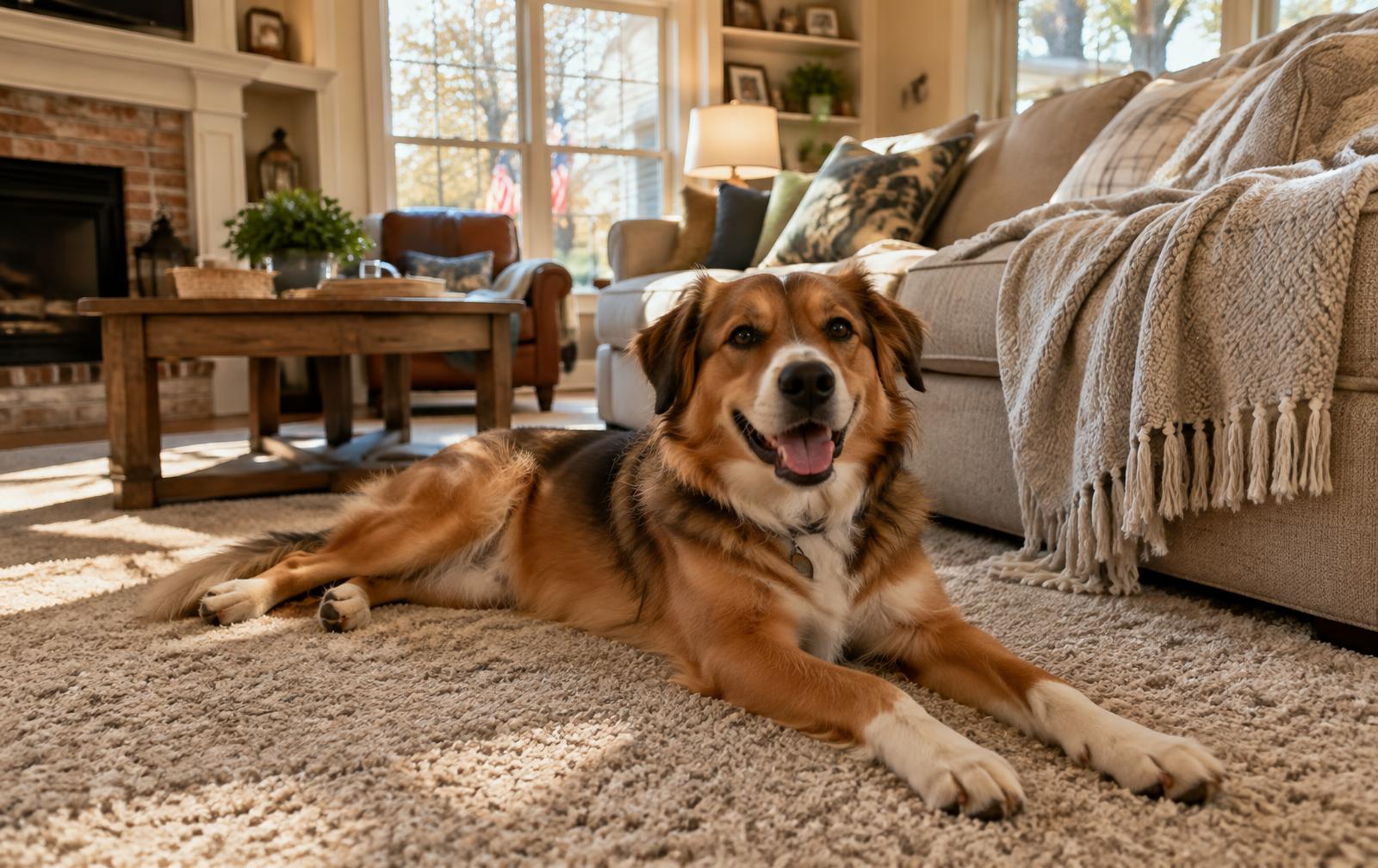 Happy family dog stretched out on soft beige carpet in a sunlit Birmingham-area living room