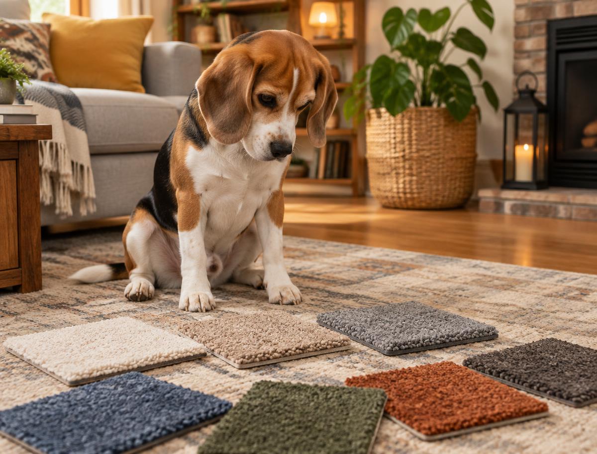 Beagle sitting and looking at several carpet sample squares