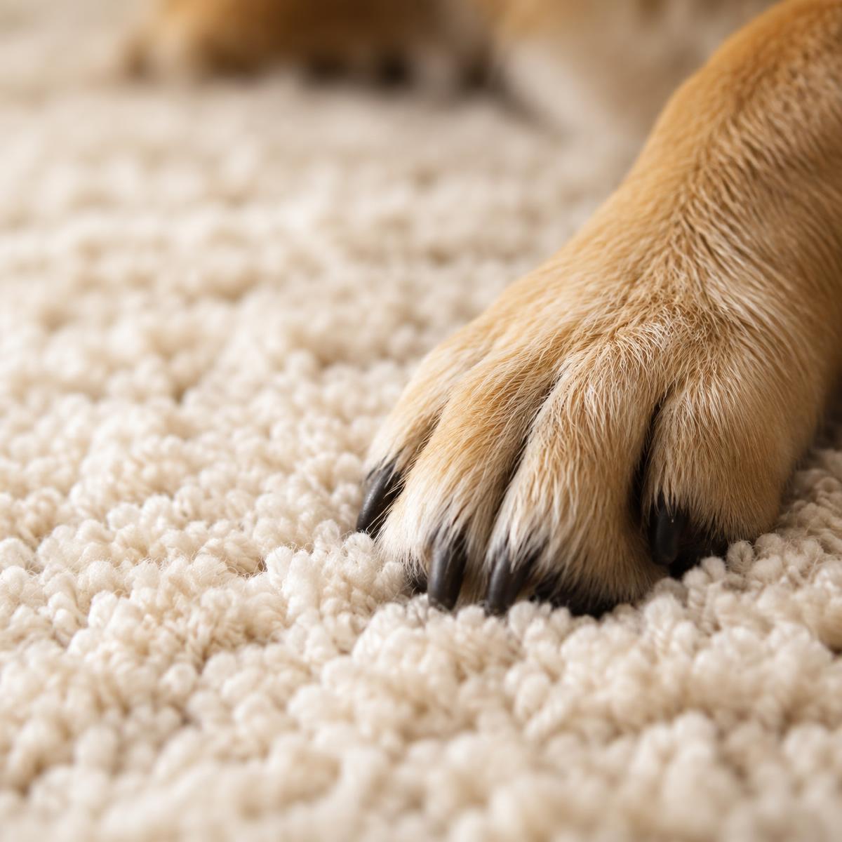 Close-up of a dog's paw resting on soft cream carpet
