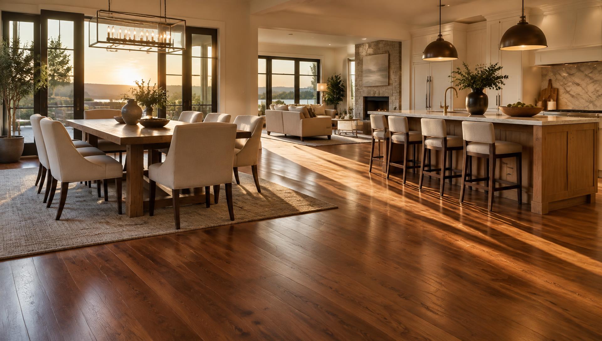 Open-plan dining and kitchen area with warm hardwood flooring at golden hour